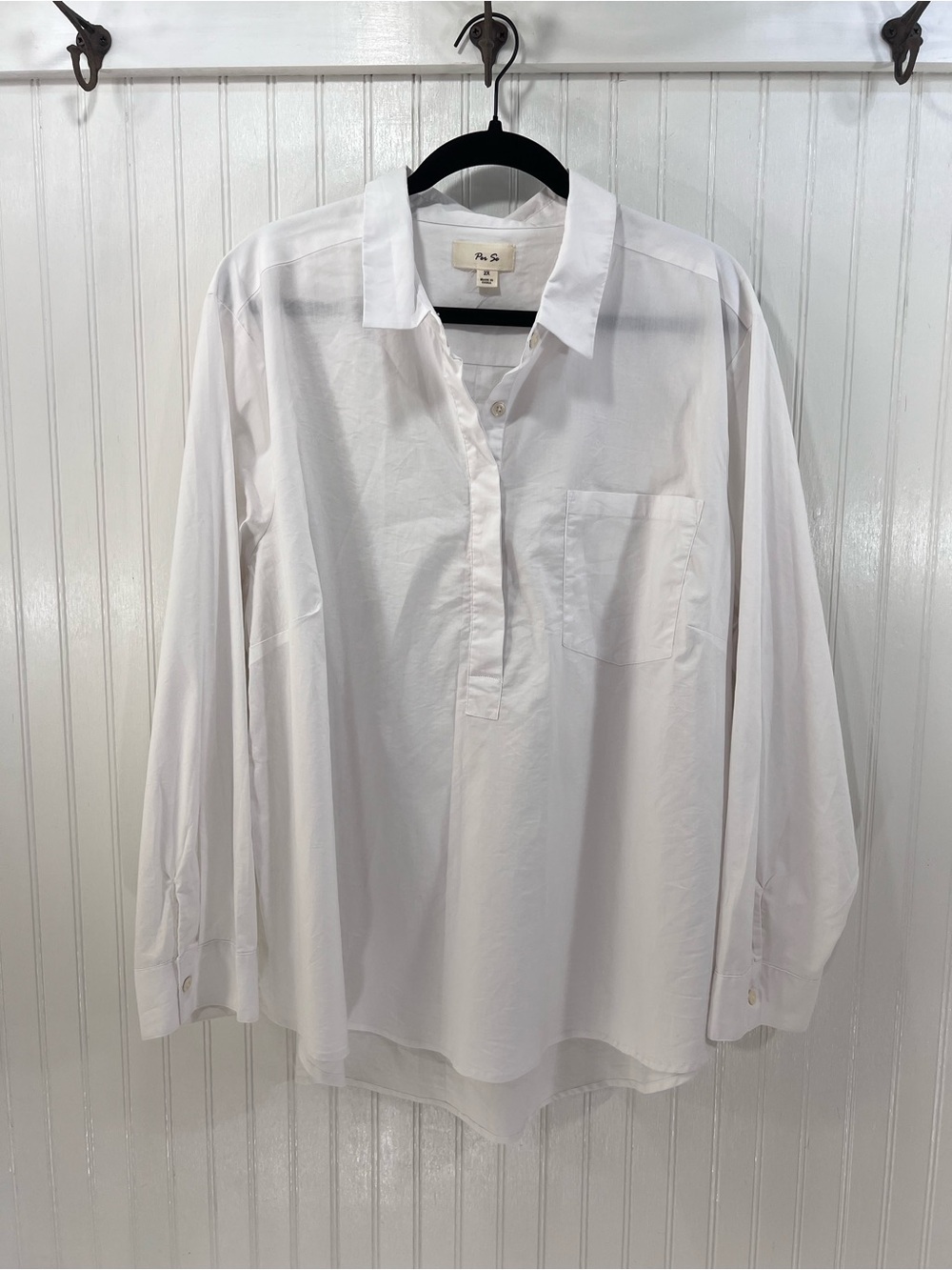 Per Se Relaxed White Cotton Blend Popover Shirt 2X
